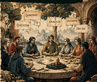 Illustrated group of thinkers gathered around a table