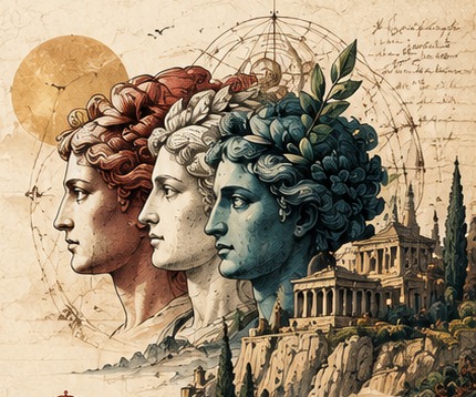 Antique illustration of three classical profiles and a city