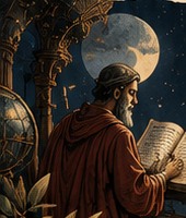 Illustration of a scholar reading by candlelight